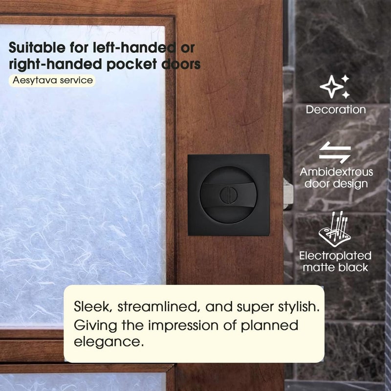 Aesytava Black Pocket Door Hardware, 2 3/8" Backset, Matte Black Pocket Door Lock for Bathroom, Heavy Duty Solid Square Pocket Door Hardware(2 Pack) - Image 3
